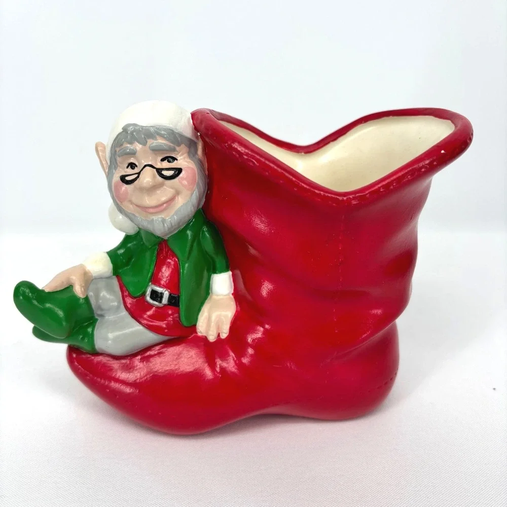 Vintage Atlantic Mold MCM Christmas Elf Santa Boot Vase Ceramic Hand Painted